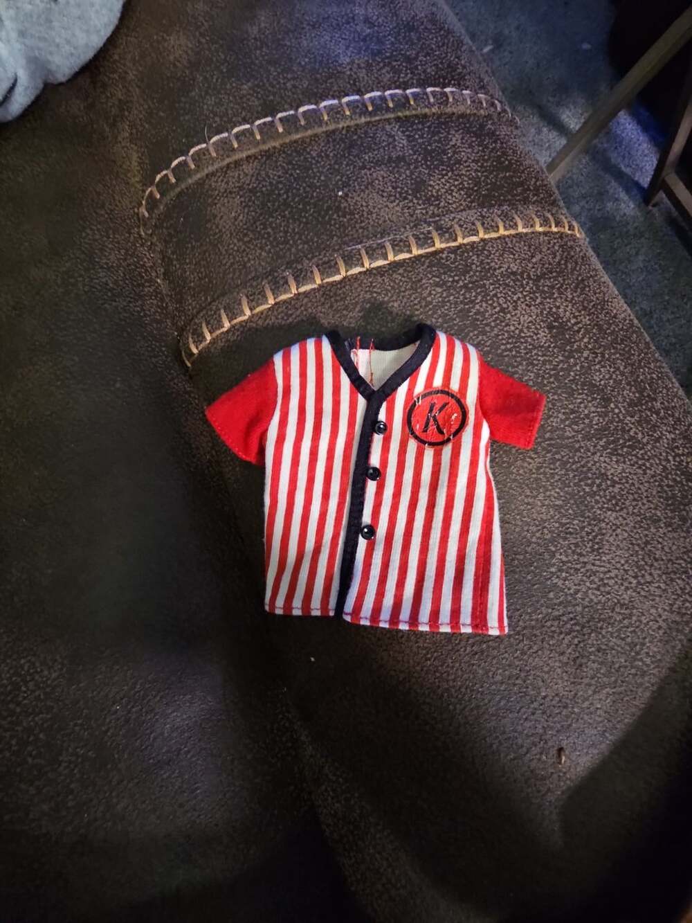 Vintage Barbie Ken Doll Red and White Striped Baseball Shirt with 'K' Monogram